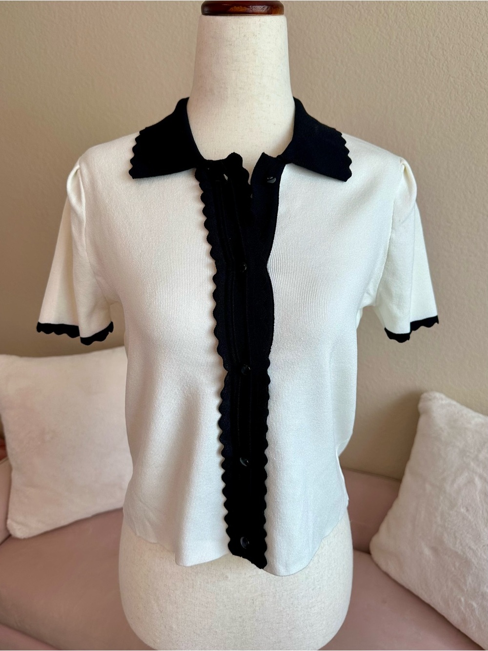 Laundry by Shelli Segal Top Black White Collared SS Knit Button Up XS Retro Mod